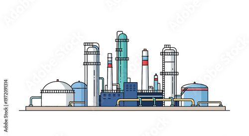 Industrial Factory Oil and Gas Refinery Plant Vector Illustration in Flat Line Art Style on White Background.