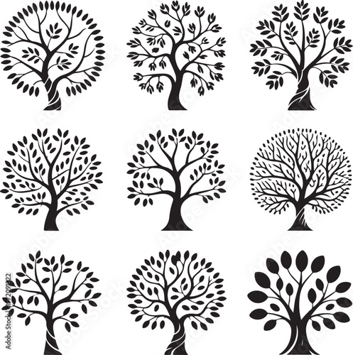 Nine distinct artistic black and white tree silhouettes in a grid layout