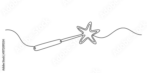 A single continuous line drawing of a magical wand topped with a sparkling star on white background Vector, illustration