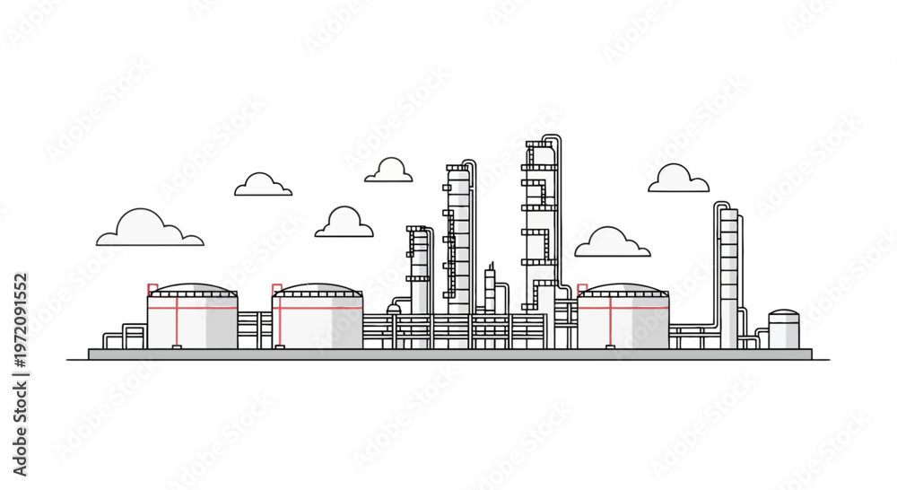 Obraz premium Industrial Oil Refinery and Petrochemical Plant Line Art Vector Illustration with Storage Tanks and Distillation Towers Under Clouds