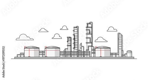Industrial Oil Refinery and Petrochemical Plant Line Art Vector Illustration with Storage Tanks and Distillation Towers Under Clouds
