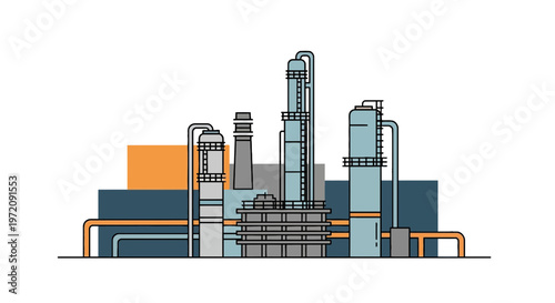 Modern Oil Refinery and Petrochemical Plant Vector Illustration with Distillation Towers and Industrial Pipe Systems
