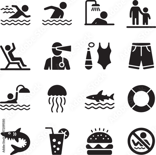 Iconic symbols representing various beach and poolside activities and precautions