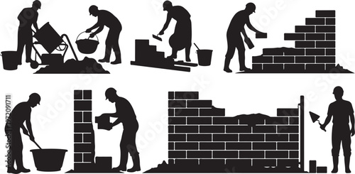 Construction Workers Building a Brick Wall Silhouette Illustration Set