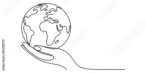 A single continuous line drawing of a human hand holding a globe representing global protection Vector, illustration