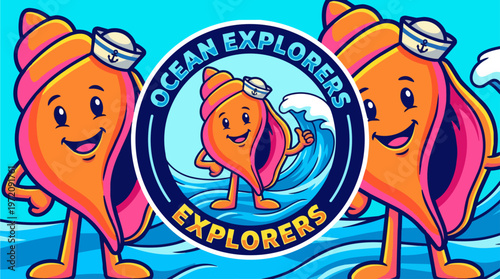 Cartoon sea creatures wearing hats.