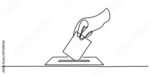 Continuous line drawing of a human hand casting a ballot into a voting box for civic participation Vector, illustration