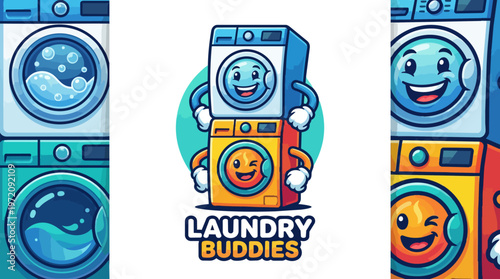 Washing machine cartoon character smiling.