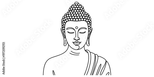 A simple black and white line art illustration of the head and shoulders of buddha in meditation Vector, illustration