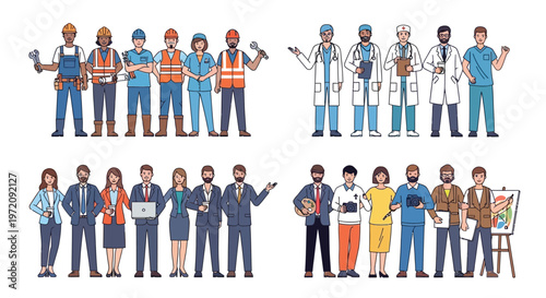 Diverse group of professionals including construction workers medical staff and office personnel