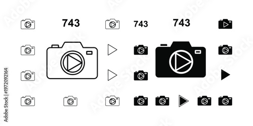 Transformation sequence of a camera icon with play button overlays and numeric labels
