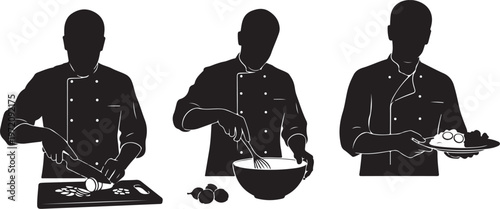 Silhouette of chef preparing food in three stages sequence