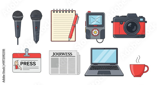 Journalism and media equipment microphones notepad camera and laptop