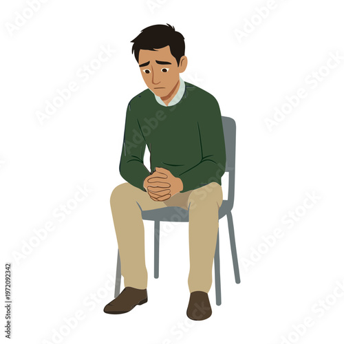 A man sits on a chair looking down with his hands clasped.