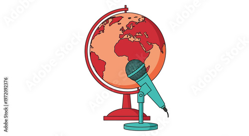 A colorful cartoon globe with a microphone positioned in front of it