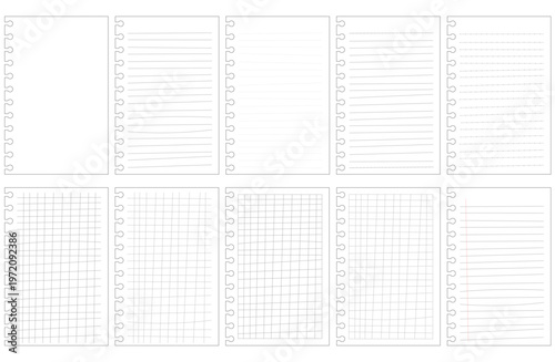 Notebook with distorted lines, loose-leaf paper, and graph paper with transparent background and round horizontal holes.