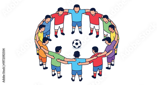 A group of soccer players forms a huddle around a ball