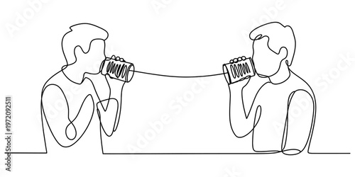 A minimal continuous line drawing illustration of two people talking with a tin can telephone set Vector, illustration