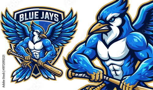 Muscular Blue Jay Baseball Mascot.