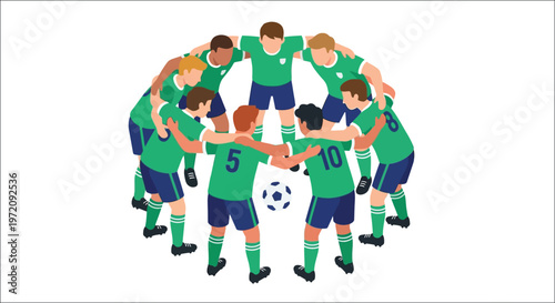 A group of soccer players huddle together in a team circle