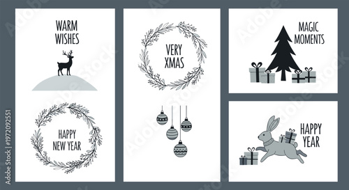 Festive set of four winter holiday cards featuring a reindeer christmas tree with gifts wreaths and a bunny with presents.
