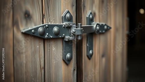  Large iron hasp on a dusty barn door, symbolizing security in soft natural light. 