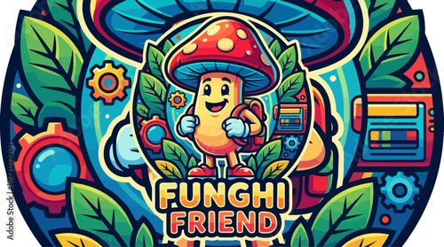 Cartoon mushroom character smiling.