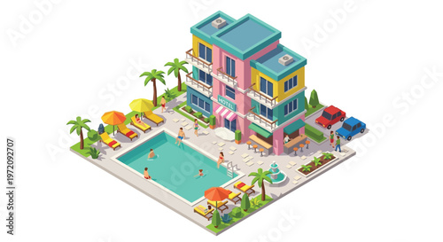 Isometric illustration of a colorful hotel resort with a swimming pool and palm trees