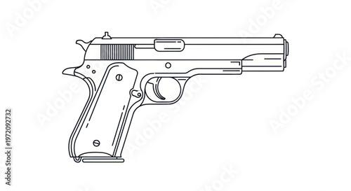 Line Art Illustration of a Classic Semi-Automatic Pistol on White Background
