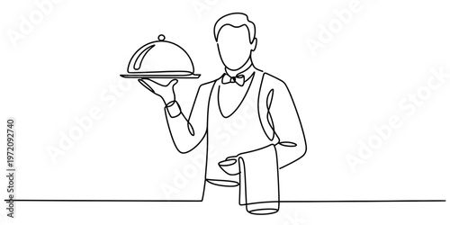 A single line drawing of a professional waiter holding a serving tray with a food dome cover Vector, illustration