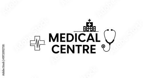 Medical Centre branding logo with stethoscope and hospital icon.