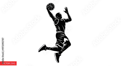 Silhouette of a basketball player jumping to dunk a ball in a dynamic pose