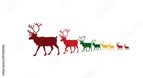 Colorful Reindeer Herd Marching in Line - Christmas Holiday Season