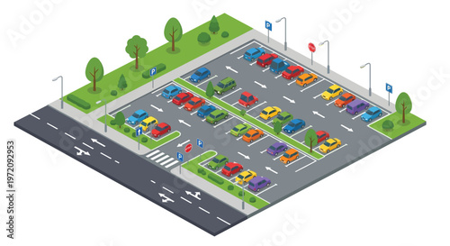 Isometric illustration of a busy parking lot with colorful vehicles