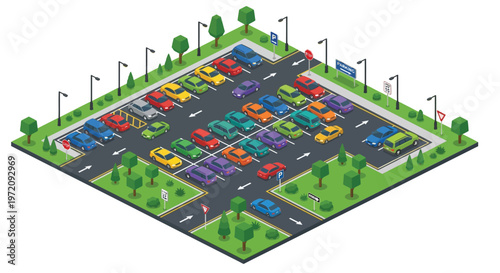 Isometric illustration of a colorful busy parking lot with various vehicles