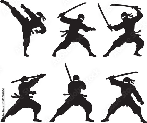 Six silhouettes of martial artists demonstrating various sword and combat stances