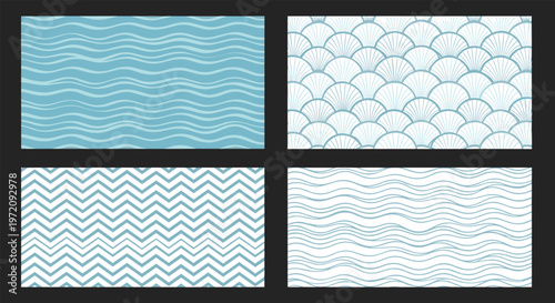Collection of four seamless blue and white nautical patterns including wavy lines scales and chevrons for maritime inspired designs.