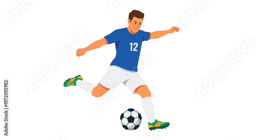 A cartoon illustration of a soccer player in action with a ball
