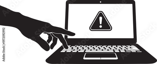 Hand interacting with laptop warning sign on screen