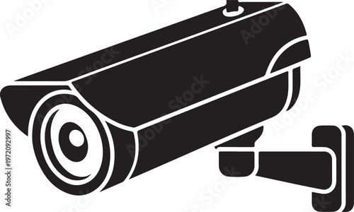 A black and white illustration of a surveillance camera mounted on a wall
