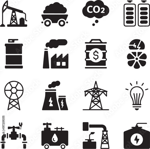 Icons representing various aspects of energy production and consumption