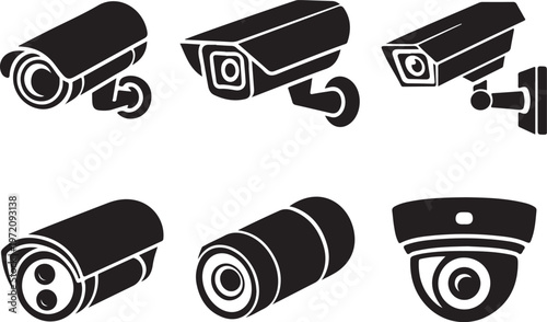 Collection of various security camera icons in black and white silhouette style