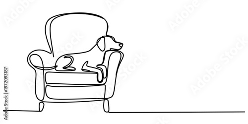 A single continuous line drawing of a peaceful dog resting comfortably on a cozy armchair sofa. Vector, illustration