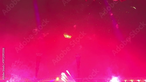 fireworks, colourful fire works lighting the night skies with vivid multi colours glowing colours of Easter Show of the fireworks producing beautiful lighting rainbow colourful effects Sydney NSW Aust