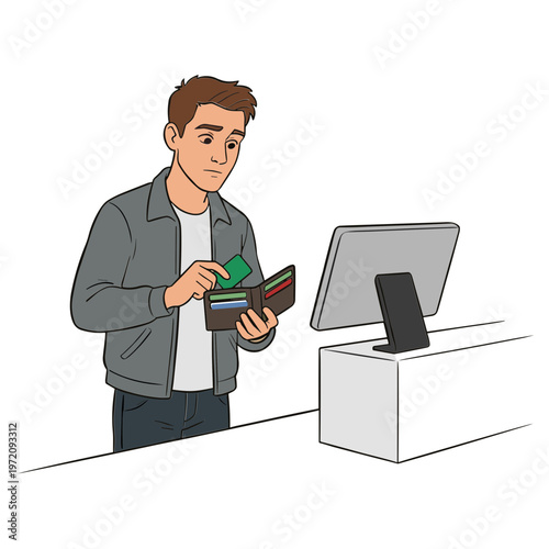 Man making payment with credit card at store checkout counter indoors