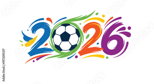 Colorful design featuring a soccer ball and the year 2026