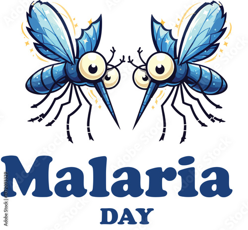 Illustration of two stylized blue mosquitoes facing each other with bold Malaria Day awareness text