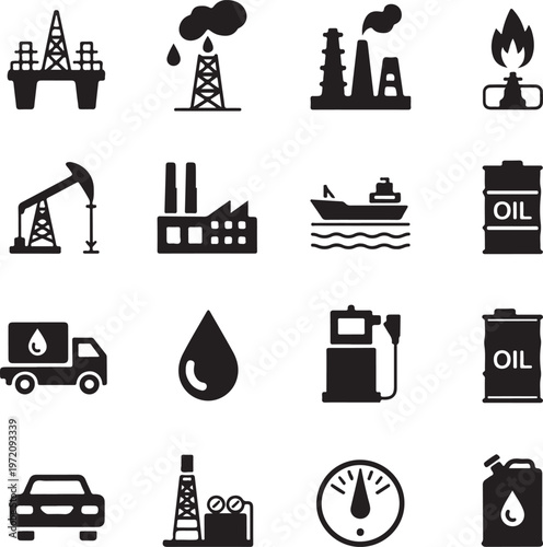 Collection of icons representing various aspects of the oil industry and energy sector