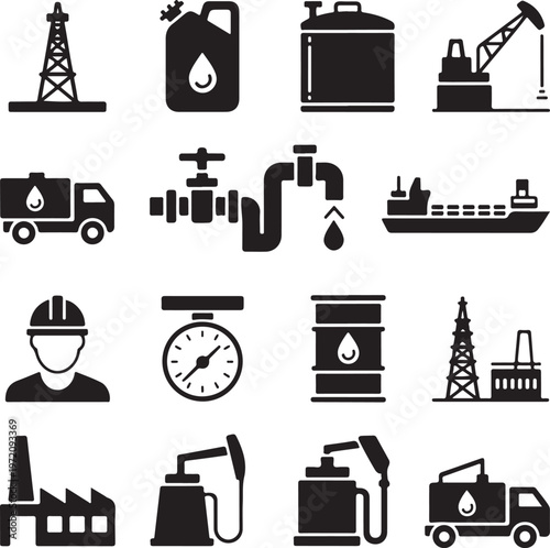Icon set illustrating various aspects of the oil and gas industry operations