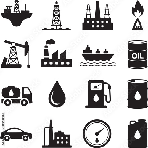 Icons representing various stages and elements of the oil industry and energy sector